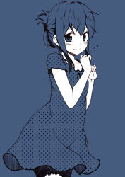 Rule 34 | 10s, 1girl, alternate costume, blue theme, blush, bow, casual, contemporary, dress, folded ponytail, hair ornament, heart, heart hair ornament, inazuma (kancolle), kantai collection, kouji (campus life), looking at viewer, monochrome, polka dot, polka dot dress, short sleeves, simple background, smile, solo
