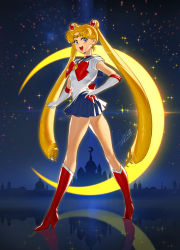 Rule 34 | 1girl, :d, azusa (hws), back bow, bishoujo senshi sailor moon, blonde hair, blue eyes, blue sailor collar, blue skirt, boots, bow, brooch, castle, choker, circlet, crescent, crescent earrings, crescent moon, double bun, earrings, elbow gloves, full body, gloves, hair ornament, hairpin, hand on own hip, highres, jewelry, knee boots, legs apart, long hair, looking at viewer, magical girl, moon, open mouth, pleated skirt, red bow, red footwear, red neckwear, reflection, sailor collar, sailor moon, sailor senshi uniform, skirt, smile, solo, standing, tsukino usagi, twintails, white gloves