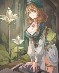 Rule 34 | 1girl, absurdres, book, braid, breasts, cleavage, closed mouth, commentary, flower, genshin impact, green eyes, green headwear, hair flower, hair ornament, highres, indoors, large breasts, light brown hair, lisa (a sobriquet under shade) (genshin impact), lisa (genshin impact), long sleeves, looking down, official alternate costume, pelvic curtain, puffy long sleeves, puffy sleeves, signature, smile, solo, st ard, thighlet, twin braids, vision (genshin impact)