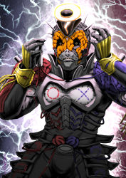 Rule 34 | 1boy, ?, another quiz (zi-o), another rider (zi-o), armor, blue armor, clenched teeth, collar, compound eyes, creature, electricity, evil, exposed brain, gauntlets, helmet, kamen rider, kamen rider zi-o (series), looking at viewer, mixed-language commentary, monster, popped collar, red armor, shinpei (shimpay), skull, solo, spiked helmet, spikes, sunken eyes, teeth, white armor