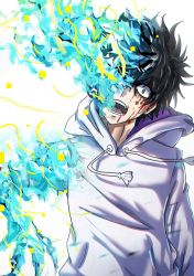 Rule 34 | 1boy, absurdres, angry, arm up, black hair, blood, blood on face, blue eyes, body horror, determined, ebora, fangs, fangs out, highres, jacket, kamijou touma, male focus, open mouth, spoilers, toaru majutsu no index, toaru majutsu no index: new testament, white background, white jacket