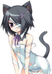 Rule 34 | 1girl, animal ears, ar tonelico, ar tonelico iii, bandage over one eye, bandages, bare shoulders, black hair, bow, cat ears, cat girl, cat tail, character request, eyepatch, female focus, filament (ar tonelico), gust, hair ornament, hair over one eye, hairclip, leaning forward, purple hair, sazaki ichiri, short hair, simple background, solo, strap slip, tail, torn clothes, white background