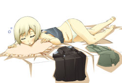 Rule 34 | 00s, 1girl, bottomless, clothes on floor, erica hartmann, lying, no pants, panties, sleeping, solo, strike witches, tank top, underwear, white panties, world witches series