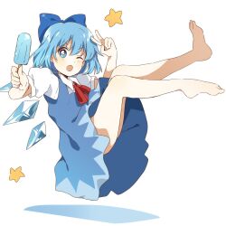 Rule 34 | 1girl, :o, barefoot, blue bow, blue dress, blue eyes, blue hair, bow, cirno, dress, food, full body, hair bow, highres, ice, ice wings, one eye closed, popsicle, sasaki sakiko, short hair, solo, touhou, v, wings