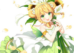 Rule 34 | 1girl, :d, bare shoulders, blush, braid, character request, commentary request, double bun, dress, flower, gem, green dress, hair bun, hair flower, hair ornament, holding, holding flower, long hair, looking at viewer, official art, open mouth, pearl (gemstone), petals, round teeth, salt (salty), side braid, simple background, sleeveless, sleeveless dress, smile, solo, sunflower, teeth, twin braids, twintails, uchi no hime-sama ga ichiban kawaii, upper teeth only, white background, white flower, yellow flower
