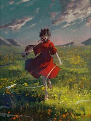 Rule 34 | 1girl, ^ ^, barefoot, brown hair, closed eyes, cloud, dress, facing viewer, floating hair, flower, full body, ge dazuo, highres, holding, holding ribbon, horns, long hair, meadow, mountainous horizon, open mouth, original, outdoors, pointy ears, red dress, red horns, ribbon, short sleeves, smile, solo, standing, twilight, white ribbon, yellow flower