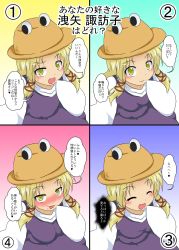 Rule 34 | 1girl, :3, :p, alternate breast size, blonde hair, blush, breast expansion, breasts, closed eyes, flat chest, frog hair ornament, from above, hair ornament, hair ribbon, hat, highres, large breasts, looking at viewer, medium breasts, mikazuki neko, moriya suwako, multiple views, ribbon, sleeves past wrists, small breasts, tongue, tongue out, touhou, wide sleeves, yellow eyes