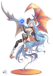 Rule 34 | 1girl, absurdly long hair, absurdres, blue eyes, blue hair, blush, bow, breasts, demon girl, demon wings, full body, garter straps, hair bow, highres, long hair, looking at viewer, magic, original, skirt, solo, thighhighs, transparent background, very long hair, wings, xiaoxi0619
