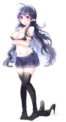 Rule 34 | 1girl, ahoge, bad id, bad pixiv id, black bra, black footwear, black hair, black thighhighs, blue skirt, blush, bra, breast hold, breasts, buttons, cleavage, closed mouth, collarbone, crossed arms, dripping, eyebrows, full body, groin, high heels, knees together feet apart, large breasts, long hair, maid headdress, miniskirt, no shirt, no shoes, pinb, pleated skirt, pointy ears, shoes, unworn shoes, simple background, skirt, solo, standing, stomach, thighhighs, transparent background, unbuttoned, underboob, underwear, wet, wet clothes, wet hair, white background