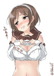Rule 34 | 10s, 1girl, bad id, bad twitter id, blush, bow, bow bra, bra, breasts, brown eyes, brown hair, cleavage, clothes lift, detached sleeves, ebifurya, hairband, highres, inactive account, kantai collection, large breasts, lifted by self, long sleeves, looking away, looking to the side, matching hair/eyes, natori (kancolle), navel, open mouth, pink bow, school uniform, serafuku, shirt lift, simple background, solo, stomach, tears, twitter username, underwear, upper body, white background, white bow, white bra