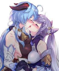 Rule 34 | 2girls, ahoge, asymmetrical docking, black gloves, blue hair, blush, breast press, breasts, covered erect nipples, detached sleeves, double bun, closed eyes, flower, french kiss, ganyu (genshin impact), genshin impact, gloves, goat horns, hair bun, hair flower, hair ornament, holding hands, horns, interlocked fingers, keqing (genshin impact), kiss, large breasts, long hair, looking at another, medium breasts, multiple girls, negom, purple eyes, purple gloves, purple hair, red horns, saliva, simple background, twintails, white background, yuri