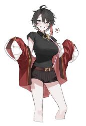 Rule 34 | 1girl, ahoge, belt, black eyes, black hair, black shorts, breasts, character request, copyright request, cropped legs, grin, hair between eyes, heart, highres, jacket, large breasts, off shoulder, open clothes, open jacket, red belt, red hair, short sleeves, shorts, simple background, sirin (sirin 8 8), smile, solo, spoken heart, striped clothes, striped shorts, teeth, white jacket