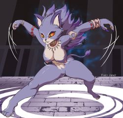 Rule 34 | 1girl, alternate form, animal ears, armlet, bracelet, breasts, cat ears, cat girl, cat tail, claws, colored sclera, earrings, fangs, fiery janey, fighting, fighting stance, furry, highres, isabella (seiken densetsu 3), jewelry, necklace, nipples, purple fur, purple hair, pussy, red sclera, seiken densetsu, seiken densetsu 3, signature, slit pupils, tail