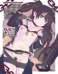 Rule 34 | 1girl, belt, bikini, bikini top only, black hair, black rock shooter, black rock shooter (character), blue eyes, border, breasts, chain, checkered floor, choker, coat, collar, gloves, gun, jacket, long hair, lying, nipples, no panties, pongldr, pubic hair, self-upload, shorts, simple background, small breasts, solo focus, stitches, swimsuit, twintails, weapon, white border