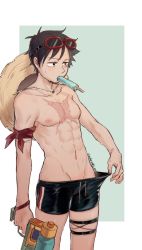 Rule 34 | 1boy, abs, black hair, blush, food, hat, highres, monkey d. luffy, one piece, popsicle, scar, scar on chest, scar on face, simple background, straw hat, tagme, water gun