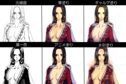 Rule 34 | 1girl, amazon lily, black hair, boa hancock, breasts, cape, cleavage, earrings, female focus, jacket, jewelry, long hair, military, military uniform, multiple views, one piece, outline, red jacket, uniform