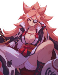 Rule 34 | 1girl, amputee, baiken, big hair, black footwear, black jacket, breasts, cleavage, commentary, eyepatch, facial tattoo, guilty gear, guilty gear xrd, hands on own cheeks, hands on own face, highres, jacket, jacket on shoulders, japanese clothes, kataginu, katana, kimono, large breasts, liyart, looking at viewer, multicolored clothes, multicolored kimono, obi, one-eyed, open clothes, open kimono, pink hair, ponytail, red eyes, samurai, sash, scar, scar across eye, scar on face, sheath, sitting, solo, sword, tattoo, thighs, weapon