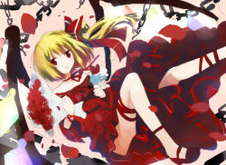 Rule 34 | 1girl, alternate costume, bad id, bad pixiv id, blonde hair, bouquet, chain, character doll, choker, dress, expressionless, female focus, flandre scarlet, flower, gotyou, leg ribbon, mary janes, red dress, red eyes, remilia scarlet, ribbon, ribbon choker, shoes, short hair, side ponytail, sketch, solo, thigh ribbon, touhou, wings, wrist ribbon