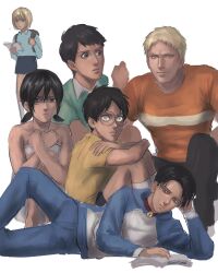 Rule 34 | 1girl, 5boys, aquiline nose, armin arlert, backpack, bag, bertolt hoover, black hair, black pants, blonde hair, book, clenched hand, collared shirt, cosplay, doraemon, doraemon (character), doraemon (character) (cosplay), eren yeager, glasses, green eyes, green shirt, hair between eyes, highres, holding, holding book, kneehighs, levi (shingeki no kyojin), light frown, looking at another, looking at viewer, mikasa ackerman, multiple boys, muscular, muscular male, open book, pants, partially shaded face, reiner braun, round eyewear, scar, scar on face, shingeki no kyojin, shirt, short hair, short twintails, shorts, simple background, smile, socks, squatting, striped clothes, sweatdrop, t-shirt, towel, twintails, twitter username, v-shaped eyebrows, vvv020vvv, water drop, white background, white socks, yellow eyes, yellow shirt