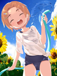 Rule 34 | 1girl, :d, ^ ^, black one-piece swimsuit, blue sky, blush, breasts, brown hair, closed eyes, cloud, commentary request, day, facing viewer, flower, forehead, hair ornament, hairclip, hand up, highres, holding, hose, idolmaster, idolmaster cinderella girls, leaning to the side, makuran, old school swimsuit, one-piece swimsuit, open mouth, outdoors, parted bangs, ryuzaki kaoru, school swimsuit, see-through, shirt, short sleeves, sky, small breasts, smile, solo, standing, star (symbol), star hair ornament, sunflower, swimsuit, swimsuit under clothes, teeth, thick eyebrows, upper teeth only, water, wet, wet clothes, wet shirt, white shirt, x hair ornament, yellow flower
