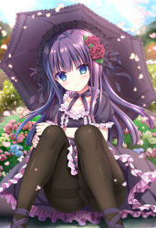 Rule 34 | 1girl, black bow, black dress, black pantyhose, black umbrella, blue eyes, blue flower, blue sky, bow, closed mouth, cloud, collarbone, commentary request, day, dress, feet out of frame, flower, frilled dress, frilled umbrella, frills, gothic lolita, hair flower, hair ornament, highres, holding, holding umbrella, lolita fashion, long hair, looking at viewer, original, outdoors, pantyhose, petals, puffy short sleeves, puffy sleeves, purple hair, red flower, red rose, rose, shiwasu horio, short sleeves, sky, smile, solo, squatting, thighband pantyhose, umbrella, very long hair