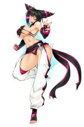 Rule 34 | 1girl, abs, absurdres, armpits, baggy pants, belt, belt skirt, black hair, blunt bangs, breasts, capcom, crotch cutout, detached sleeves, drill hair, feet, fingerless gloves, fingernails, foreshortening, gloves, glowing, glowing eyes, han juri, highres, large breasts, long fingernails, nail polish, one eye closed, open mouth, panties, pants, pink eyes, pink gloves, sideboob, simple background, skindentation, solo, standing, standing on one leg, street fighter, teeth, thong, toeless legwear, toenail polish, toenails, tongue, tongue out, twin drills, underboob, underwear, white background, zcune