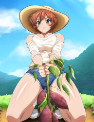 Rule 34 | 1girl, blue shorts, blue sky, bob cut, breasts, breasts squeezed together, brown hair, brown hat, chinkyuu koudai, cleavage, closed mouth, day, detached sleeves, green eyes, hair between eyes, hat, ikkitousen, kneeling, large breasts, leaning back, long sleeves, micro shorts, mountainous horizon, outdoors, shiny skin, short hair, shorts, sky, sleeveless, sleeveless sweater, socks, solo, sun hat, sweater, white sleeves, white socks, white sweater