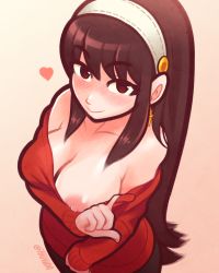 Rule 34 | artist name, bare shoulders, black pantyhose, blush, breasts, brown hair, closed mouth, clothes pull, collarbone, dress, dress pull, earrings, flashing, from above, gradient background, hairband, happy, heart, highres, jewelry, large breasts, long hair, looking at viewer, nipple slip, nipples, no bra, nose blush, off-shoulder dress, off shoulder, pantyhose, pulling own clothes, red dress, red eyes, short dress, sidelocks, signature, simple background, smile, spy x family, standing, tsuvida, twitter username, very long hair, white hairband, yellow background, yor briar
