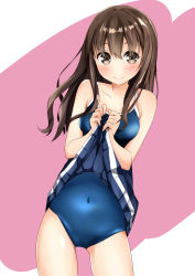 Rule 34 | 1girl, blush, breasts, brown eyes, brown hair, clothes lift, competition school swimsuit, hair between eyes, hair down, highres, kantai collection, lifted by self, long hair, looking at viewer, medium breasts, miyuki (yxbt7), panties, school swimsuit, shigure (kancolle), skirt, smile, solo, striped clothes, striped panties, swimsuit, underwear