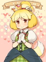 Rule 34 | 1girl, 2018, :&gt;, adapted costume, animal crossing, artist name, bell, brown eyes, company connection, crown, dated, dog tail, dress, gloves, hair bell, hair ornament, heart, humanization, isabelle (animal crossing), looking at viewer, mario (series), mini crown, neck ribbon, new super mario bros. u deluxe, nintendo, own hands together, puffy short sleeves, puffy sleeves, revision, ribbon, shigatake, short sleeves, smile, solo, super crown, tail, topknot, translation request, upper body, white gloves