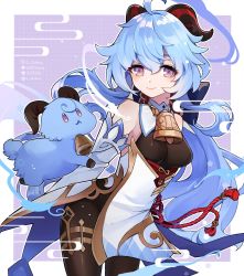 Rule 34 | 1girl, ahoge, bare shoulders, bell, black legwear, blue hair, blush, bow, breasts, chinese knot, detached sleeves, flower knot, ganyu (genshin impact), genshin impact, gold trim, highres, horns, long hair, looking at viewer, medium breasts, neck bell, purple eyes, q-chiang, sidelocks, smile, stuffed animal, stuffed toy, tassel, thighlet, thighs, white sleeves