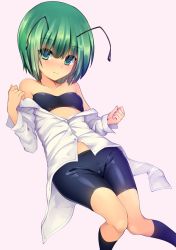 Rule 34 | 1girl, antennae, bad id, bad twitter id, bandeau, bare shoulders, bike shorts, black shorts, black socks, blush, breasts, clenched hand, commentary, feet out of frame, green eyes, green hair, hair between eyes, hand up, hijikawa arashi, kneehighs, knees together feet apart, long sleeves, looking at viewer, off shoulder, pink background, shirt, short hair, short shorts, shorts, simple background, small breasts, smile, socks, solo, strapless, thighs, touhou, tube top, white shirt, wriggle nightbug