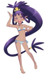 Rule 34 | 1girl, :d, absurdres, barefoot, bikini, blue bikini, blush, breasts, cameltoe, collarbone, commentary, cosplay, creatures (company), dark-skinned female, dark skin, earrings, english commentary, eyelashes, full body, game freak, gazing eye, hair rings, high ponytail, highres, iris (pokemon), jewelry, knees, long hair, nintendo, open mouth, pigeon-toed, pointy ears, pokemon, pokemon bw, ponytail, purple hair, red eyes, shantae, shantae (cosplay), shantae (series), shantae and the pirate&#039;s curse, side-tie bikini bottom, smile, solo, striped bikini, striped clothes, swimsuit, teeth, toes, tongue, transparent background, upper teeth only, very long hair