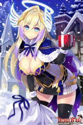Rule 34 | 1girl, bag, black gloves, black thighhighs, blonde hair, blue cape, blue eyes, blush, bow, box, breasts, cape, cleavage, copyright name, dress, elbow gloves, floating hair, fur trim, gift, gift bag, gift box, gloves, hair between eyes, highres, hisen kaede, holding, holding bag, holding box, large breasts, leaning forward, long hair, multicolored hair, night, outdoors, purple hair, short dress, sky, smile, snowing, solo, star (sky), starry sky, striped, striped bow, thighhighs, two-tone hair, venus blade, very long hair, wrist cuffs