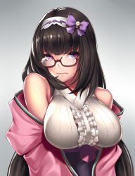 Rule 34 | 1girl, bare shoulders, black-framed eyewear, bow, breasts, brown hair, commentary request, fate (series), glasses, grey background, hair bow, hairband, highres, jacket, large breasts, long hair, looking at viewer, osakabehime (fate), purple bow, purple eyes, raised eyebrows, simple background, solo, takanashi-a