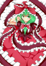 1girl adjusting_hair blush bow breasts female_focus frills front_ponytail green_eyes green_hair hair_bow hair_ribbon highres kagiyama_hina large_breasts matching_hair/eyes merry_(diameri) ribbon smile solo touhou white_background