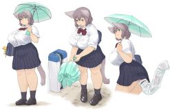Rule 34 | 1girl, animal ear fluff, animal ears, aqua eyes, bag, breasts, buttons, character request, copyright request, cowboy shot, cropped legs, full body, grey hair, hair between eyes, highres, holding, holding umbrella, katou (katohayabusa), large breasts, looking at viewer, medium hair, multiple views, open mouth, pleated skirt, shoes, simple background, skirt, socks, standing, tail, tareme, thick thighs, thighs, umbrella, white background, wing collar