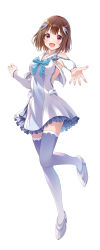 Rule 34 | 1girl, :d, bare shoulders, blue bow, blue thighhighs, blush, bow, breasts, brown hair, dress, grey footwear, highres, long sleeves, looking at viewer, medium breasts, open mouth, original, outstretched arm, purple eyes, sailor collar, sailor dress, shoes, short hair, simple background, sleeves past wrists, smile, solo, standing, standing on one leg, thighhighs, white background, white dress, white sailor collar, yatomi