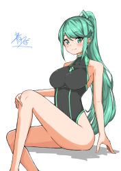 Rule 34 | 1girl, absurdres, aolo, aotsuba, blush, breasts, chest jewel, competition swimsuit, female focus, green eyes, green hair, highleg, highleg swimsuit, highres, large breasts, long hair, looking at viewer, matching hair/eyes, one-piece swimsuit, pneuma (xenoblade), ponytail, simple background, smile, solo, swept bangs, swimsuit, very long hair, white background, xenoblade chronicles (series), xenoblade chronicles 2