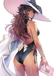 Rule 34 | 1girl, ass, backless outfit, backless swimsuit, bare back, bare shoulders, blush, bow, brown eyes, brown hair, character request, cowboy shot, earrings, hat, highres, holding, jewelry, long hair, looking at viewer, matsuda (matsukichi), one-piece swimsuit, shironagasu-tou e no kikan, simple background, solo, standing, sun hat, sweat, swimsuit, thighs, very long hair, white background, white bow, white hat