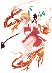 Rule 34 | 1girl, :&gt;, absurdres, ass, blonde hair, closed mouth, collarbone, commentary request, crystal, enki 1021, fire, flandre scarlet, full body, hair between eyes, hair ribbon, high heels, highres, holding, holding weapon, laevatein (touhou), looking at viewer, no headwear, one side up, panties, pantyshot, puffy short sleeves, puffy sleeves, pyrokinesis, red eyes, red footwear, red ribbon, red skirt, red vest, ribbon, short hair, short sleeves, simple background, skirt, smile, solo, standing, standing on one leg, touhou, underwear, vest, weapon, white background, wings