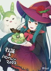 Rule 34 | 1girl, 1other, birthday, birthday cake, black capelet, cake, capelet, dated, dress, edamame, flower, food, gem, ghost, green hair, halloween, halloween costume, happy birthday, hat, hat ornament, hibi tsuna, highres, holding, holding plate, long hair, open mouth, orange eyes, plate, red flower, red headwear, red ribbon, red rose, ribbon, rose, touhoku zunko, voiceroid, witch, witch hat, zundamon