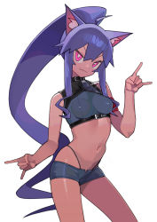 Rule 34 | 1girl, absurdres, ahoge, animal ear fluff, animal ears, arm strap, bare shoulders, black shorts, borrowed character, breasts, bright pupils, closed mouth, commission, contrapposto, cowboy shot, crop top, dark-skinned female, dark skin, double fox shadow puppet, fang, fang out, fox ears, fox shadow puppet, high ponytail, highres, long hair, looking at viewer, medium breasts, navel, original, pink eyes, purple hair, saaal653, short shorts, shorts, sidelocks, simple background, skin fang, smile, solo, stomach, thong, v-shaped eyebrows, very long hair, white background