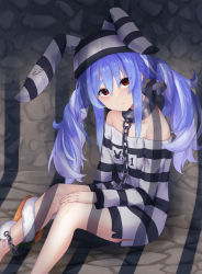 Rule 34 | 1girl, 6mint, absurdres, animal ears, animal print, bare shoulders, blue hair, blush, breasts, carrot, chain, collarbone, commentary request, cuffs, dress, feet out of frame, hair between eyes, highres, hololive, indoors, knees up, long hair, long sleeves, looking at viewer, messy hair, multicolored hair, off-shoulder shirt, off shoulder, parted lips, prison cell, prison clothes, rabbit ears, rabbit print, red eyes, shackles, shadow, shirt, sidelocks, sitting, small breasts, solo, stone wall, streaked hair, striped clothes, striped dress, striped headwear, thick eyebrows, twintails, usada pekora, usada pekora (prisoner), virtual youtuber, wall