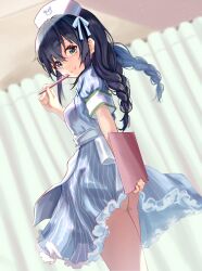 Rule 34 | 1girl, apron, ass, ass focus, ass peek, black hair, blue dress, blue eyes, braid, breasts, clipboard, closed mouth, dress, frilled dress, frills, from behind, from below, hat, highres, holding, holding clipboard, holding pen, indoors, long hair, looking at viewer, looking back, nanashi (74 nanashi), nurse, nurse cap, pen, pen to mouth, small breasts, smile, solo, standing, striped clothes, striped dress, thighs, twin braids, vertical-striped clothes, vertical-striped dress, white apron, yahari ore no seishun lovecome wa machigatteiru., yukinoshita yukino