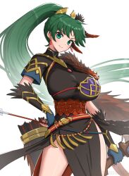 Rule 34 | 1girl, absurdres, arrow (projectile), bow (weapon), breasts, commentary, earrings, feather hair ornament, feathers, fingerless gloves, fire emblem, fire emblem: the blazing blade, fire emblem heroes, gloves, gonzarez, green eyes, green hair, hair ornament, hand on own hip, highres, huge breasts, jewelry, looking at viewer, lyn (fire emblem), nintendo, official alternate costume, ponytail, quiver, simple background, upper body, weapon, white background