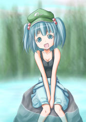 Rule 34 | 1girl, alternate costume, bare legs, bare shoulders, blue eyes, blue hair, breasts, cabbie hat, clothes around waist, collarbone, forest, hair bobbles, hair ornament, hat, jacket, jacket around waist, kawashiro nitori, kounotsuki yuu, lake, looking at viewer, matching hair/eyes, nature, open mouth, partially submerged, rock, shirt, shirt around waist, short hair, short twintails, sitting, sitting on rock, skirt, sleeveless, small breasts, smile, soaking feet, solo, standing, tank top, touhou, tree, twintails, two side up, v arms, wading, water