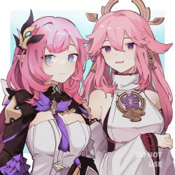 Rule 34 | 2girls, :d, absurdres, animal ears, bare shoulders, black jacket, blue background, blue eyes, border, breasts, cleavage, closed mouth, company connection, crossover, earrings, elf, elysia (honkai impact), elysia (miss pink elf) (honkai impact), fox ears, genshin impact, hair ornament, highres, honkai (series), honkai impact 3rd, jacket, japanese clothes, jewelry, long hair, long sleeves, looking at viewer, mihoyo, miko, multiple girls, open mouth, pink hair, pointy ears, ponytail, purple eyes, rippajun, shirt, smile, white border, white shirt, yae miko