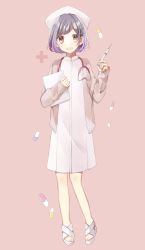 Rule 34 | 1girl, :d, bad id, bad pixiv id, blush, brown background, brown eyes, brown jacket, commentary request, cross, dress, full body, hachimitsu honey, hair ornament, hairclip, hat, head scarf, highres, holding, holding syringe, jacket, long sleeves, nurse cap, open clothes, open jacket, open mouth, original, pill, purple hair, sandals, short hair, simple background, sleeves past wrists, smile, solo, standing, stethoscope, syringe, toenails, white dress, white footwear