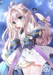 Rule 34 | 1girl, animal ears, antenna hair, blue eyes, blush, bow, brown hair, cat ears, cat girl, cat tail, cowboy shot, dress, fingerless gloves, gloves, highres, long hair, long sleeves, looking at viewer, moco ofuton, off shoulder, sena (vliss), sleeveless, sleeveless dress, smile, solo, tail, tail bow, tail ornament, thighhighs, very long hair, virtual youtuber, vliss project, water drop